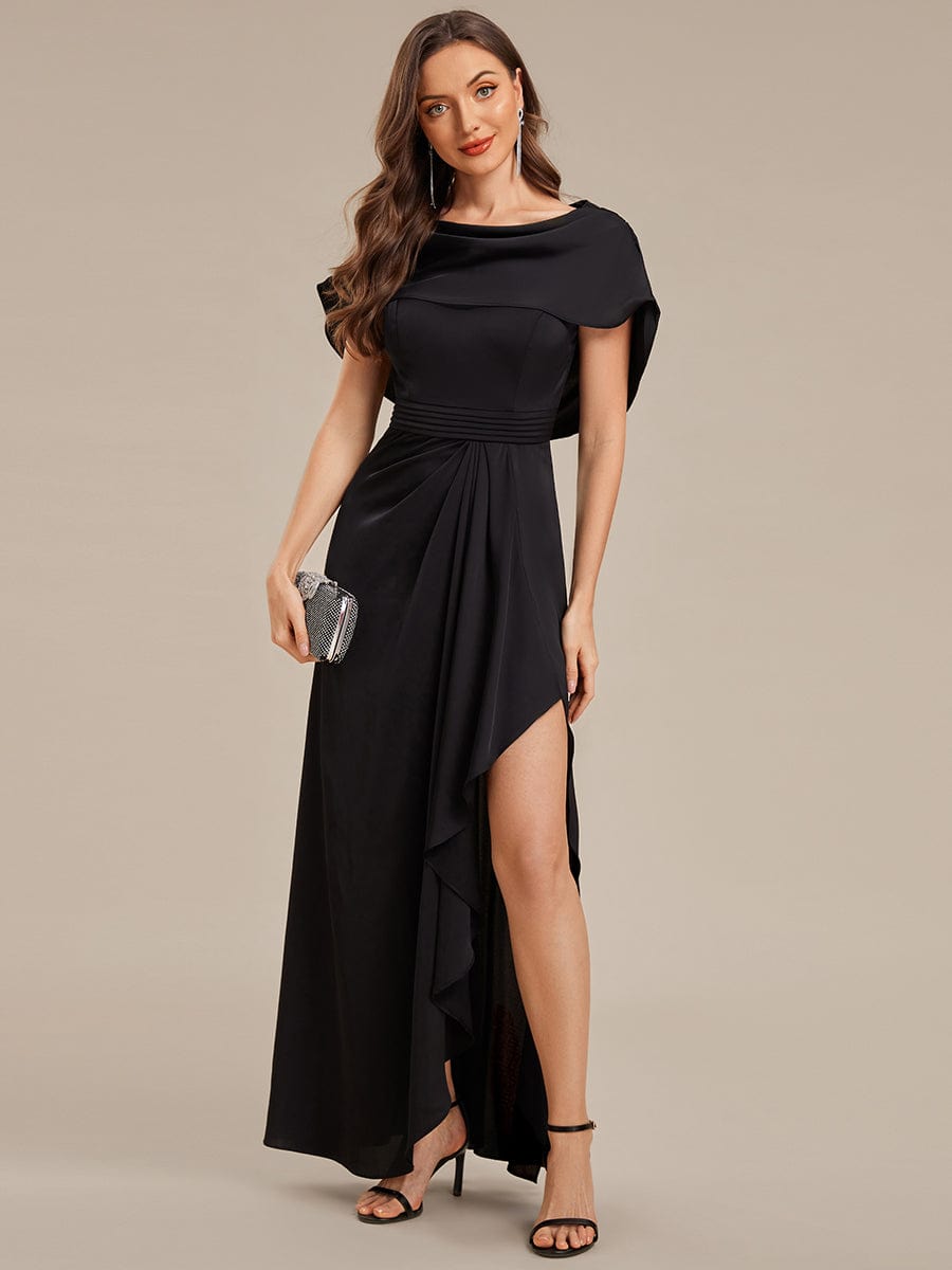 Convertible Satin Drop Shoulder Sleeve Mother of the Bride Dress #color_Black