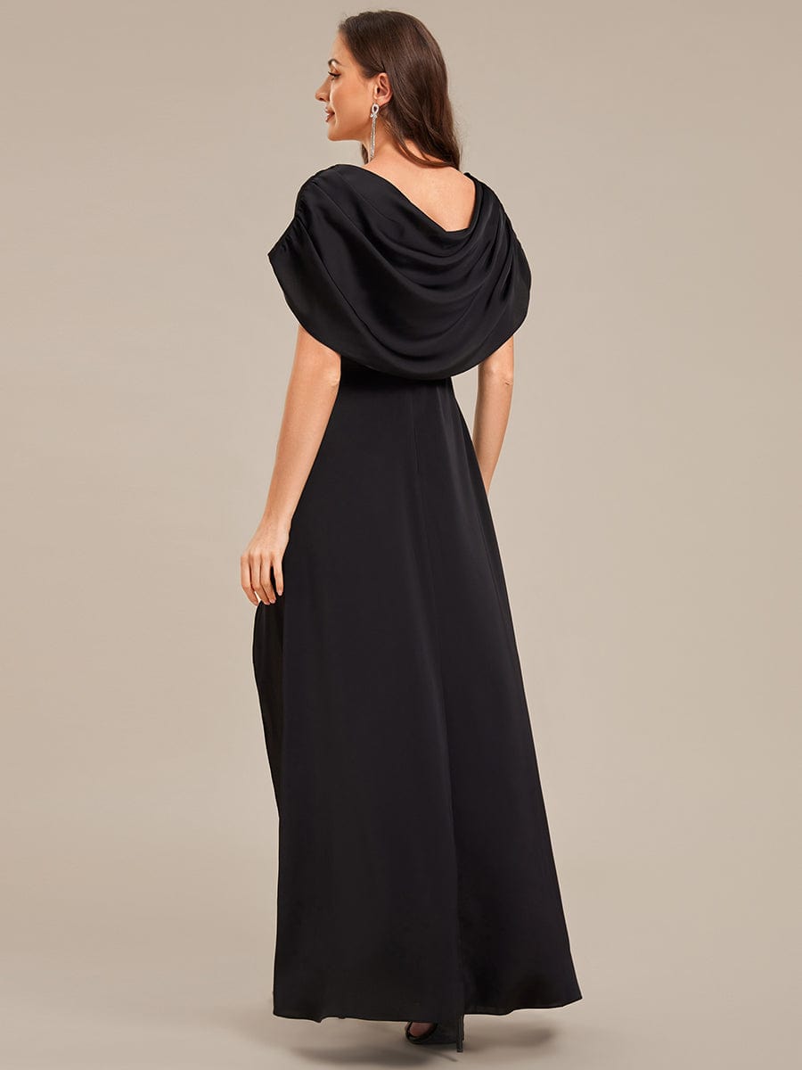 Convertible Satin Drop Shoulder Sleeve Mother of the Bride Dress #color_Black
