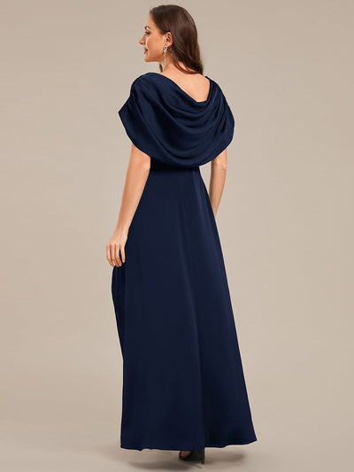 Convertible Satin Drop Shoulder Sleeve Mother of the Bride Dress #color_Navy Blue