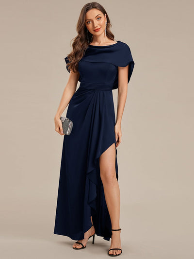 Convertible Satin Drop Shoulder Sleeve Mother of the Bride Dress #color_Navy Blue