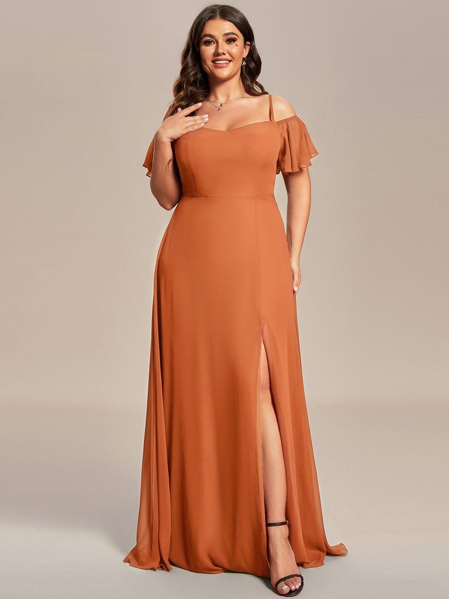 Stylish Cold-Shoulder Floor Length Bridesmaid Dress with Side Slit #color_Brandied Melon