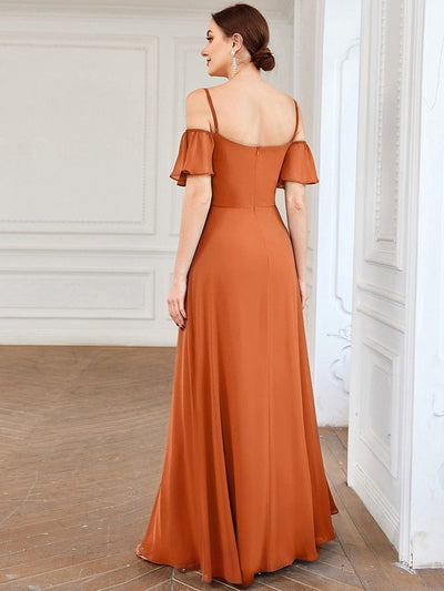 Stylish Cold-Shoulder Floor Length Bridesmaid Dress with Side Slit #color_Brandied Melon