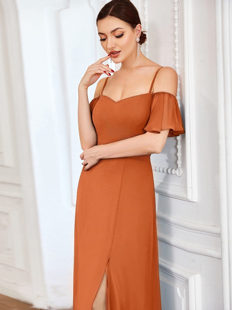 Stylish Cold-Shoulder Floor Length Bridesmaid Dress with Side Slit #color_Brandied Melon