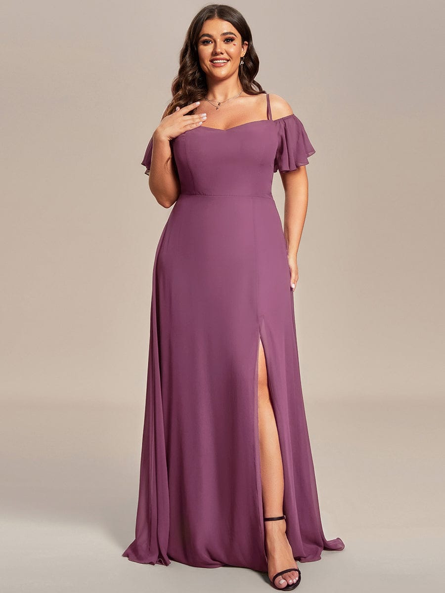 Stylish Cold-Shoulder Floor Length Bridesmaid Dress with Side Slit #color_Damson