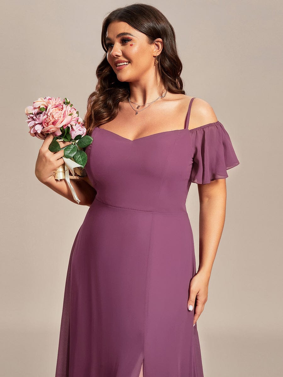 Stylish Cold-Shoulder Floor Length Bridesmaid Dress with Side Slit #color_Damson