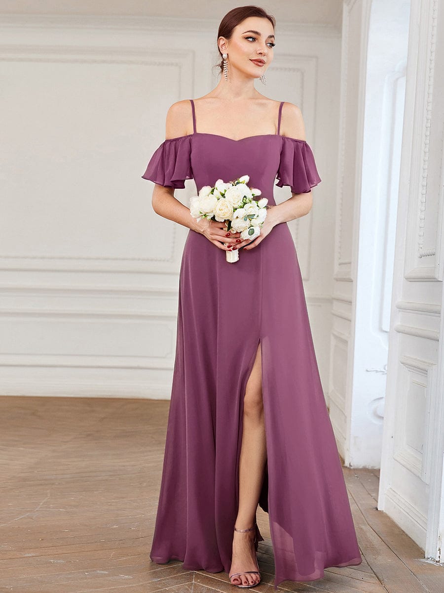 Stylish Cold-Shoulder Floor Length Bridesmaid Dress with Side Slit #color_Damson