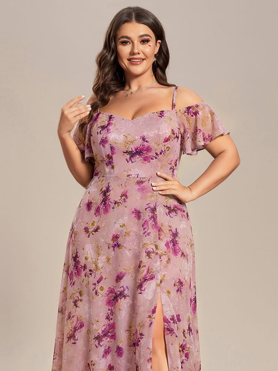 Stylish Cold-Shoulder Floor Length Bridesmaid Dress with Side Slit #color_Light Purple Print