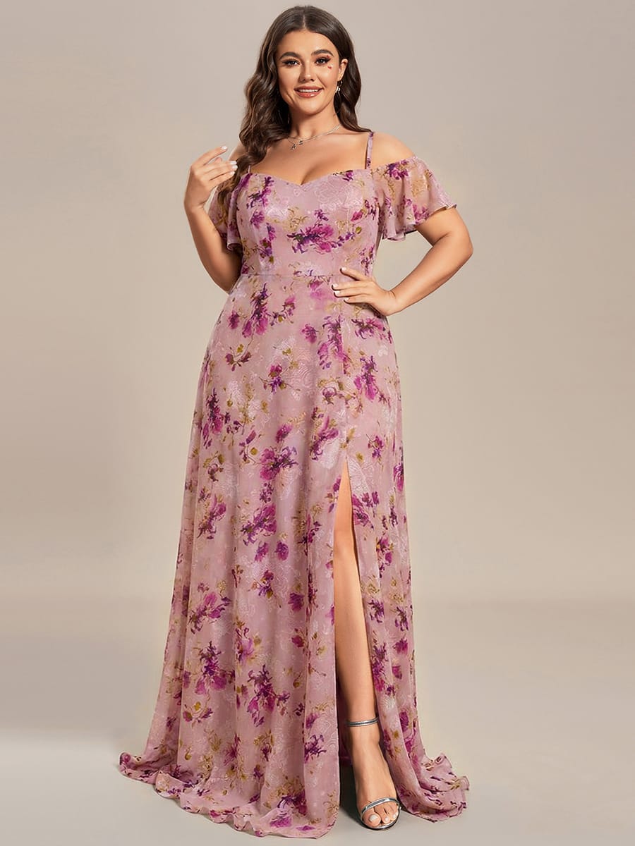 Stylish Cold-Shoulder Floor Length Bridesmaid Dress with Side Slit #color_Light Purple Print