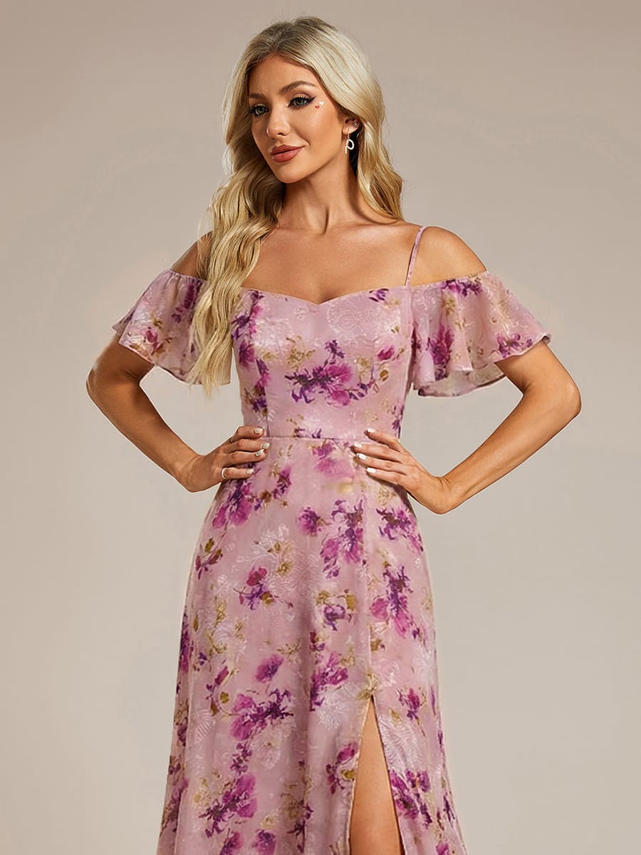 Stylish Cold-Shoulder Floor Length Bridesmaid Dress with Side Slit #color_Light Purple Print
