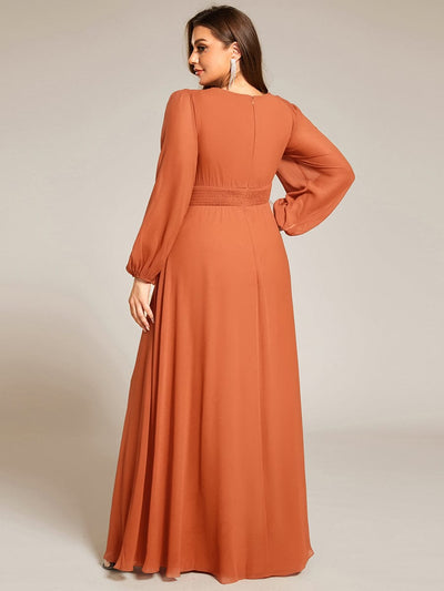 Plus Size Sheer Long Sleeve Pleated Floor Length Bridesmaid Dress #color_Brandied Melon