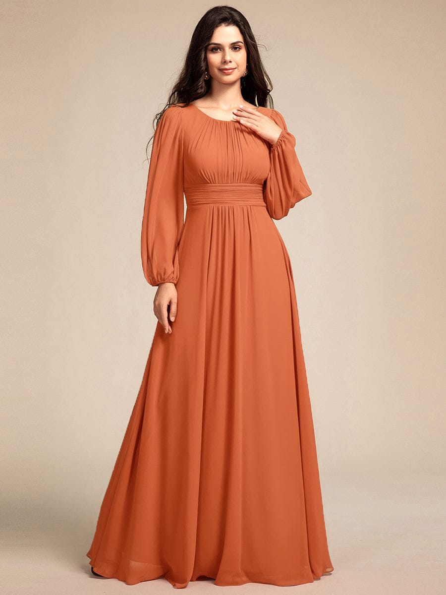 Chiffon Long Sleeve Pleated Floor Length Bridesmaid Dress #color_Brandied Melon