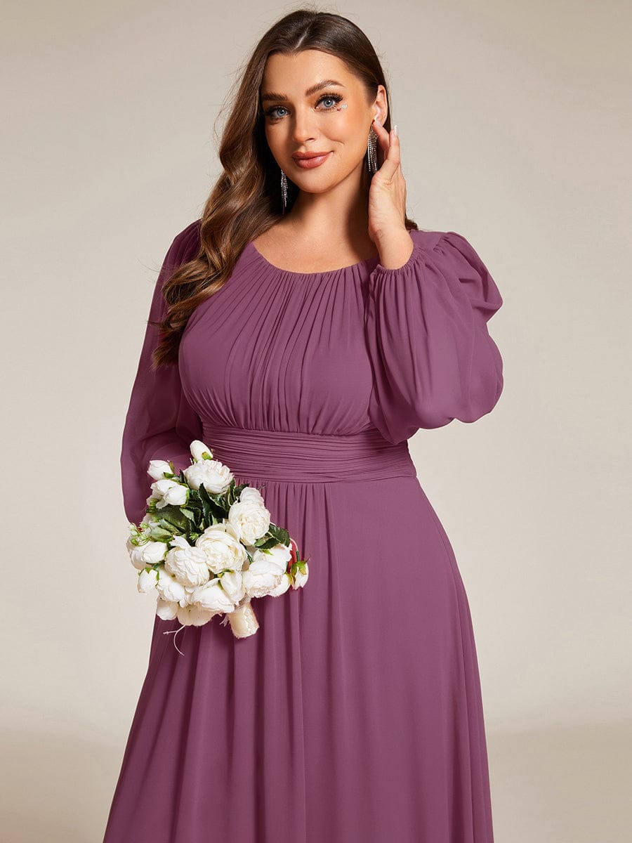 Chiffon Long Sleeve Pleated Floor Length Bridesmaid Dress #color_Damson