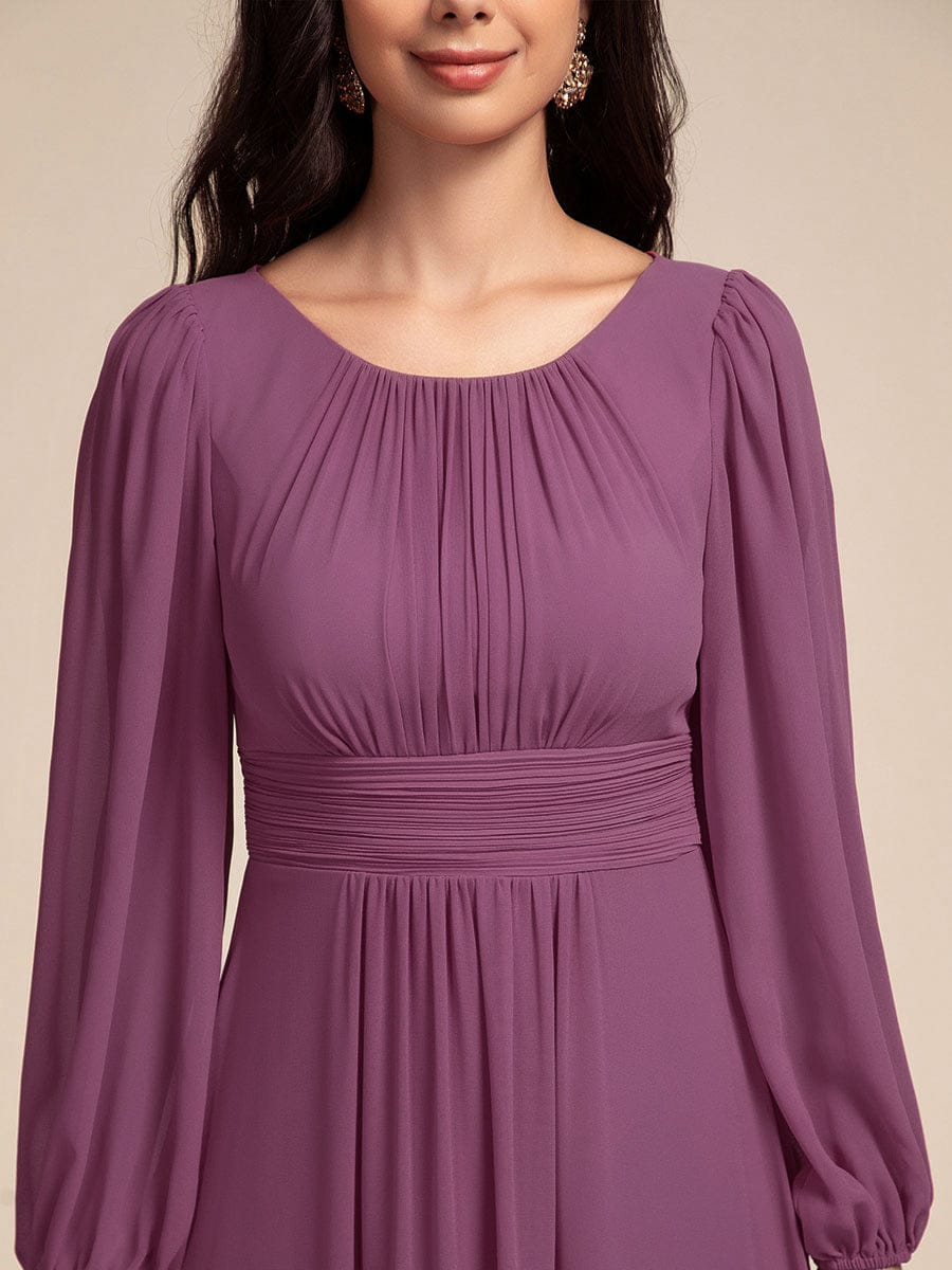 Chiffon Long Sleeve Pleated Floor Length Bridesmaid Dress #color_Damson