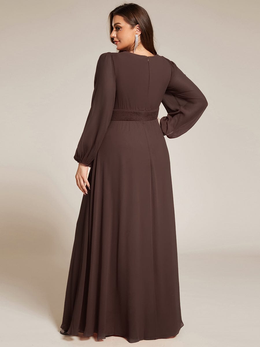 Plus Size Sheer Long Sleeve Pleated Floor Length Bridesmaid Dress #color_Espresso