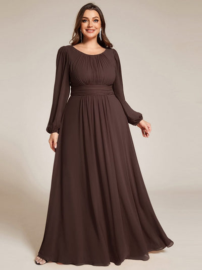 Plus Size Sheer Long Sleeve Pleated Floor Length Bridesmaid Dress #color_Espresso