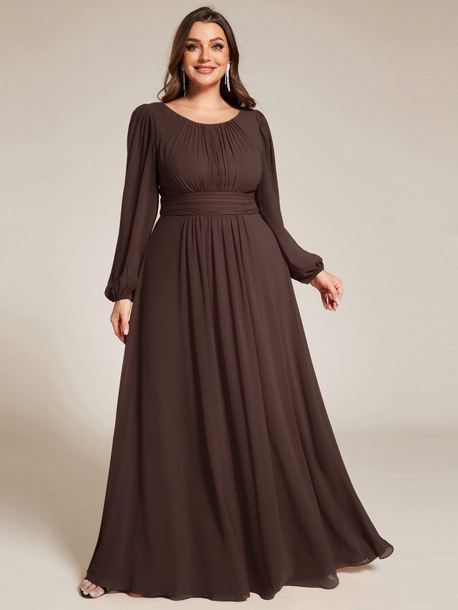 Plus Size Sheer Long Sleeve Pleated Floor Length Bridesmaid Dress #color_Espresso