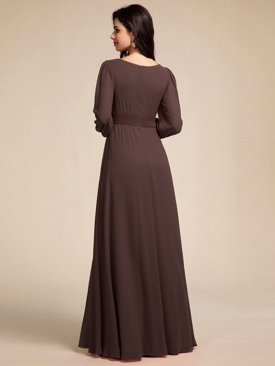 Chiffon Long Sleeve Pleated Floor Length Bridesmaid Dress #color_Espresso