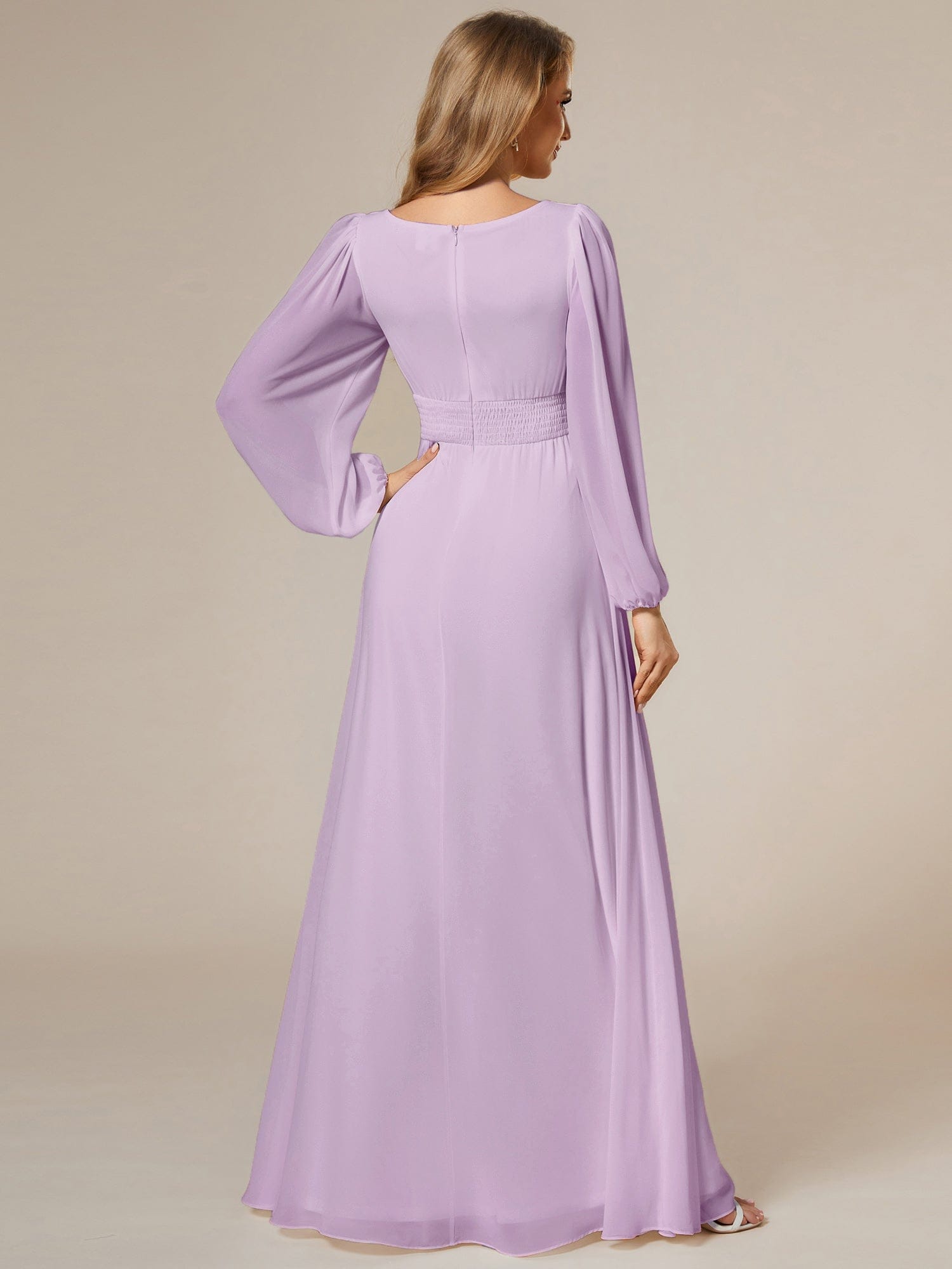Chiffon Long Sleeve Pleated Floor Length Bridesmaid Dress #color_Frosted Lilac