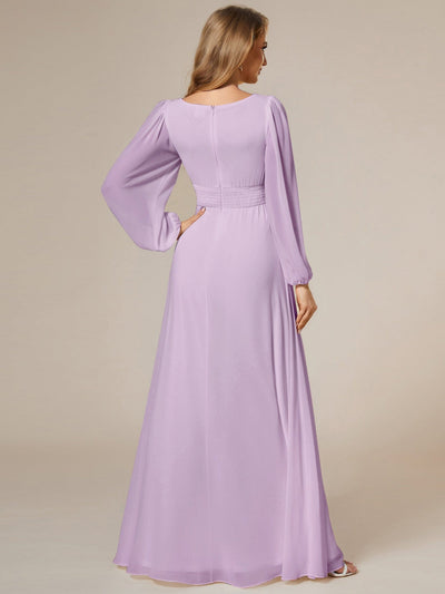 Chiffon Long Sleeve Pleated Floor Length Bridesmaid Dress #color_Frosted Lilac