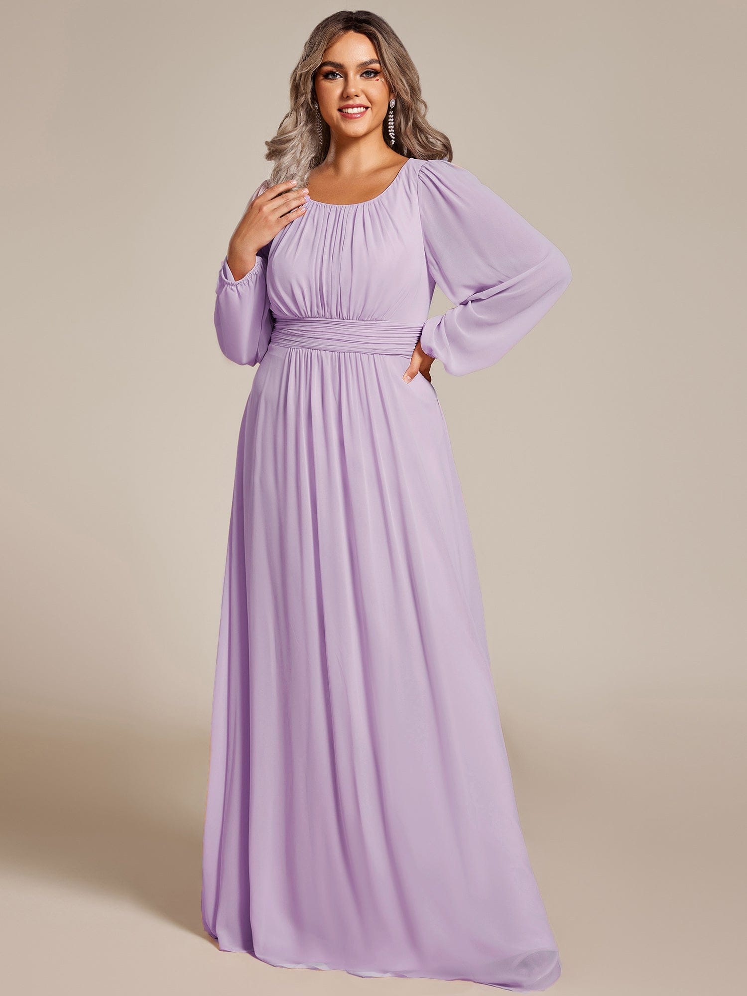 Chiffon Long Sleeve Pleated Floor Length Bridesmaid Dress #color_Frosted Lilac