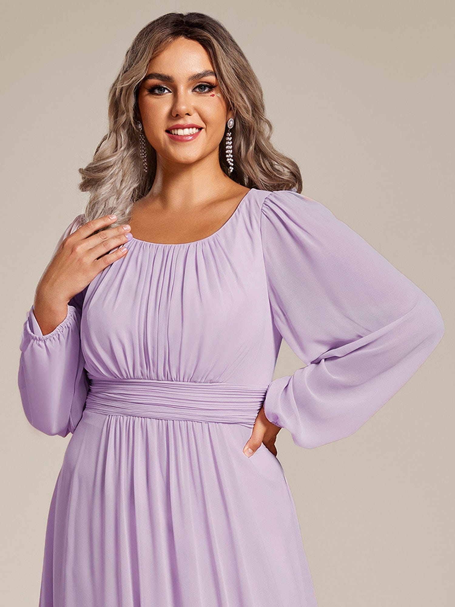 Chiffon Long Sleeve Pleated Floor Length Bridesmaid Dress #color_Frosted Lilac