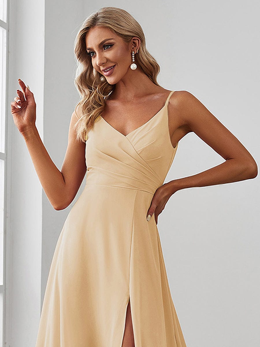 Spaghetti Strap Pleated V-Neck High Slit Bridesmaid Dress #color_Champagne