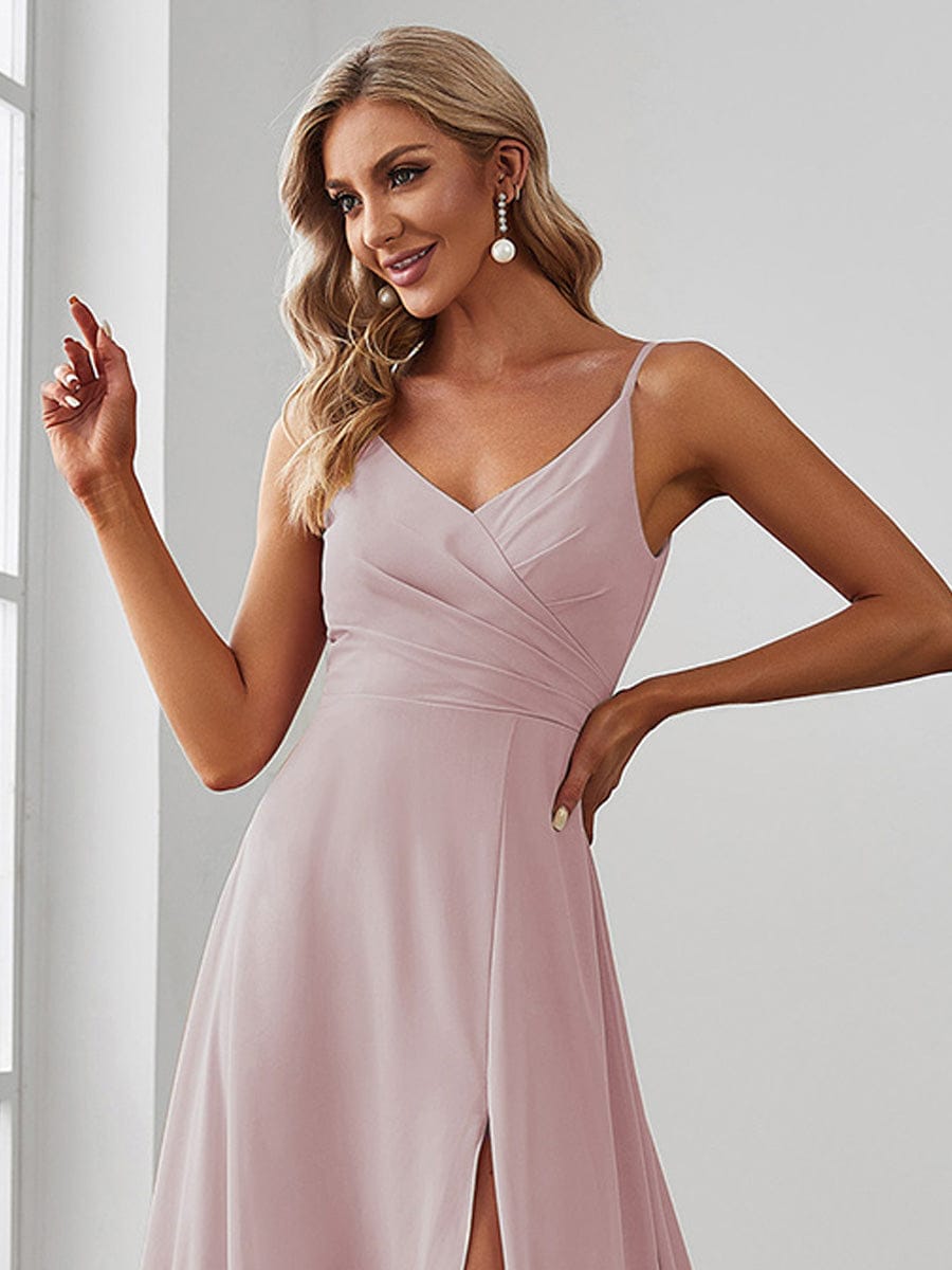 Spaghetti Strap Pleated V-Neck High Slit Bridesmaid Dress #color_Lilac