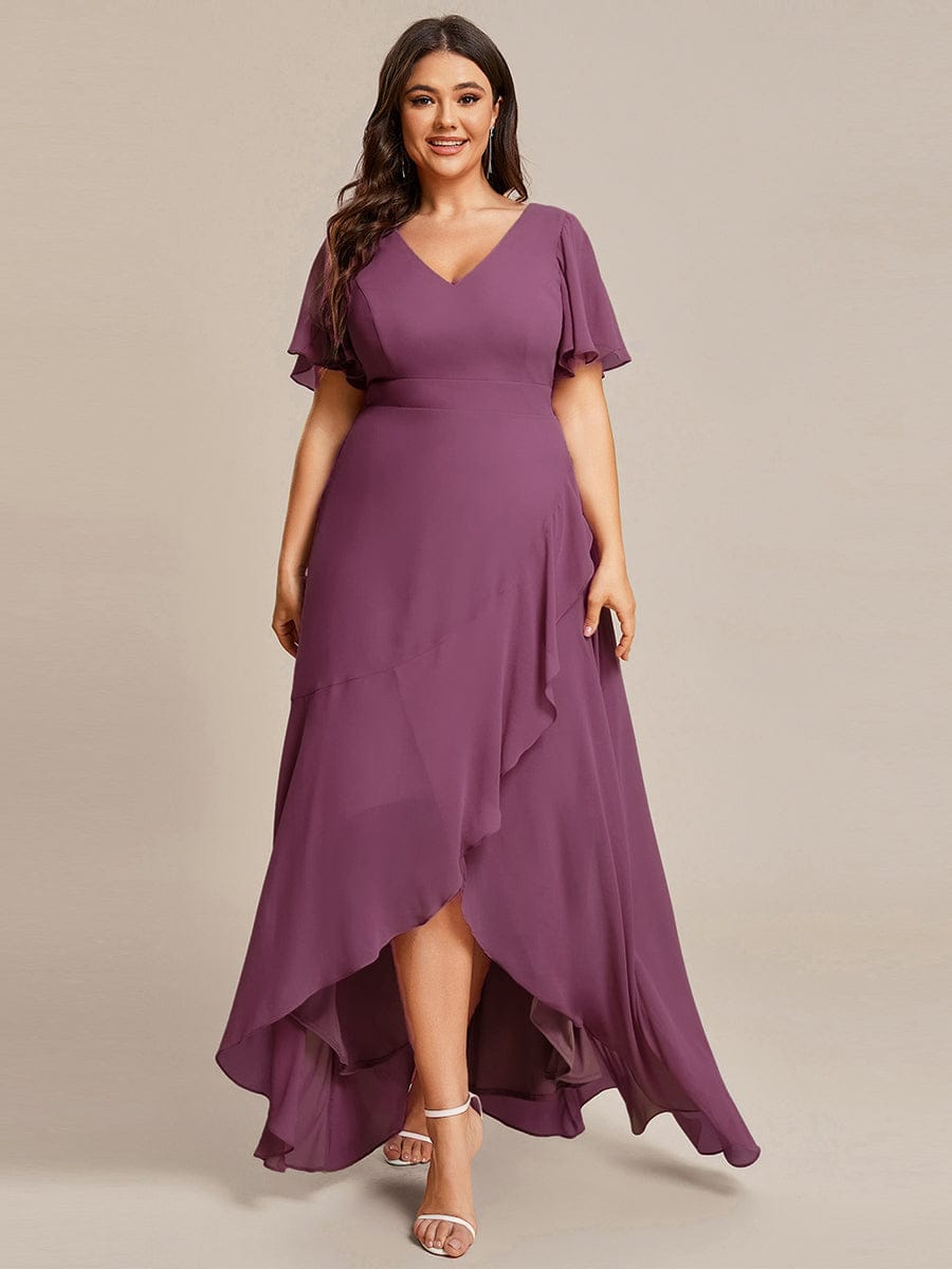 Charming Chiffon Bridesmaid Dress with Lotus Leaf Hemline #color_Damson
