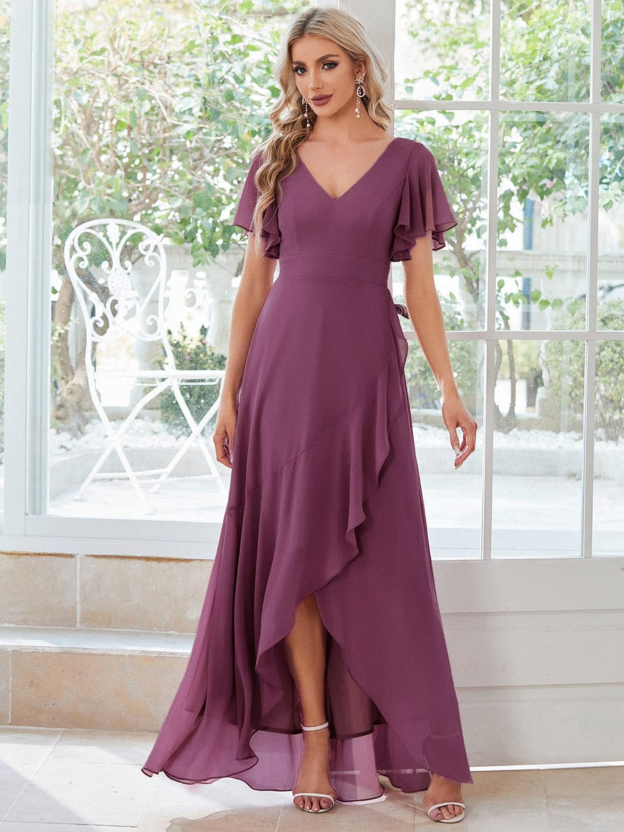 Charming Chiffon Bridesmaid Dress with Lotus Leaf Hemline #color_Damson