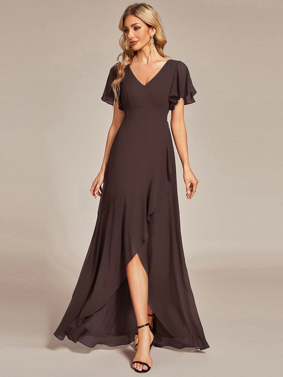 Charming Chiffon Bridesmaid Dress with Lotus Leaf Hemline #color_Espresso