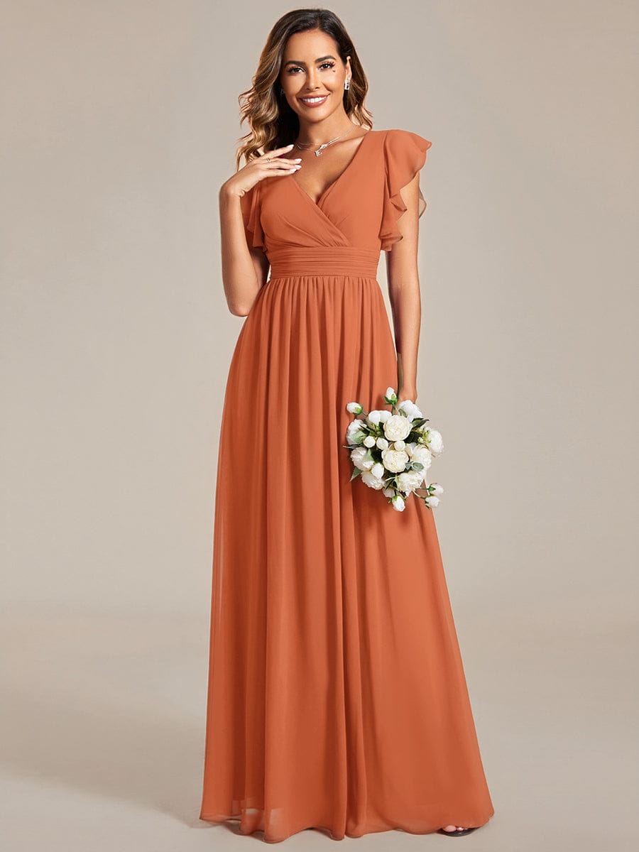 ever LILYANA|Floral V-Neck Open Back Ruffled Sleeves Chiffon Bridesmaid Dress #color_Brandied Melon