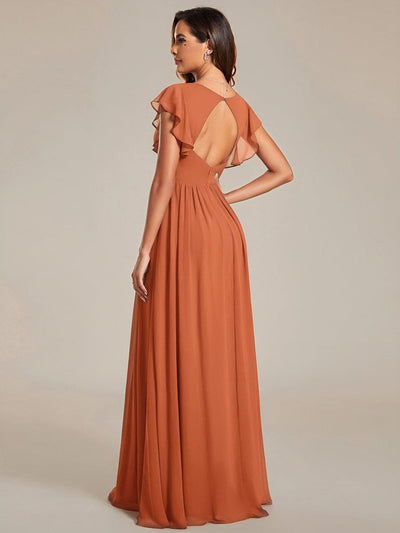 ever LILYANA|Floral V-Neck Open Back Ruffled Sleeves Chiffon Bridesmaid Dress #color_Brandied Melon