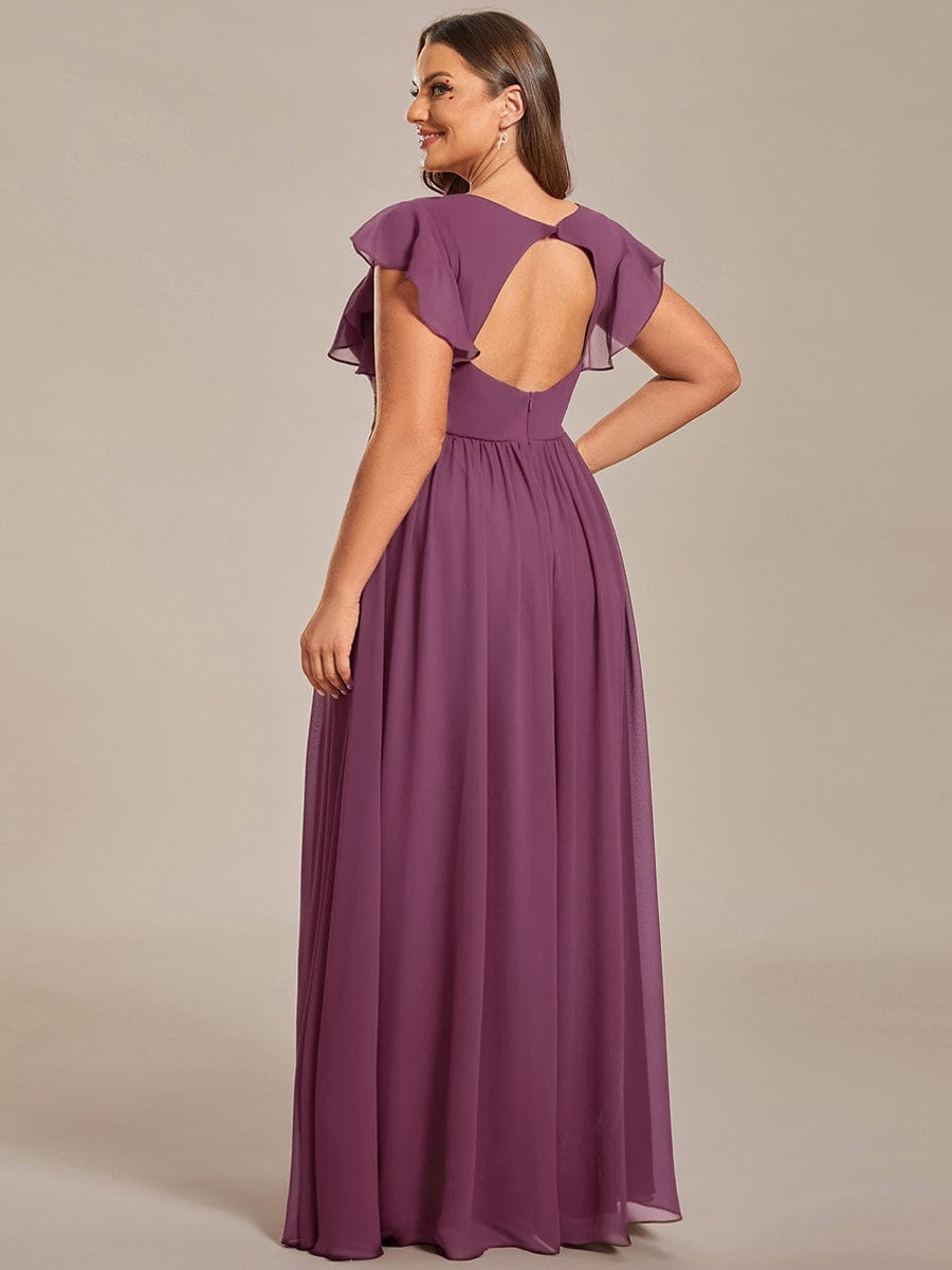 Plus Size V-Neck Open Back Ruffled Sleeves Chiffon Bridesmaid Dress #color_Damson
