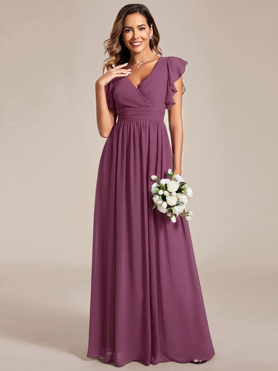 ever LILYANA|Floral V-Neck Open Back Ruffled Sleeves Chiffon Bridesmaid Dress #color_Damson