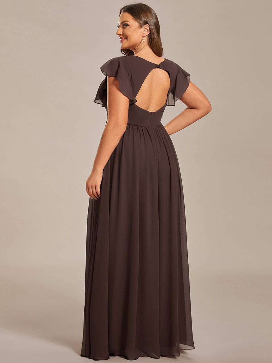 Plus Size V-Neck Open Back Ruffled Sleeves Chiffon Bridesmaid Dress #color_Espresso