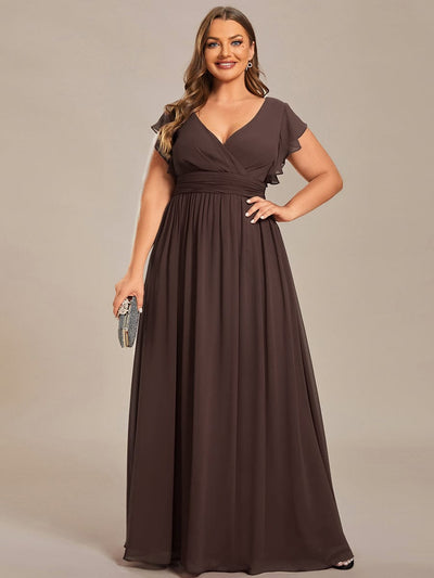 Plus Size V-Neck Open Back Ruffled Sleeves Chiffon Bridesmaid Dress #color_Espresso