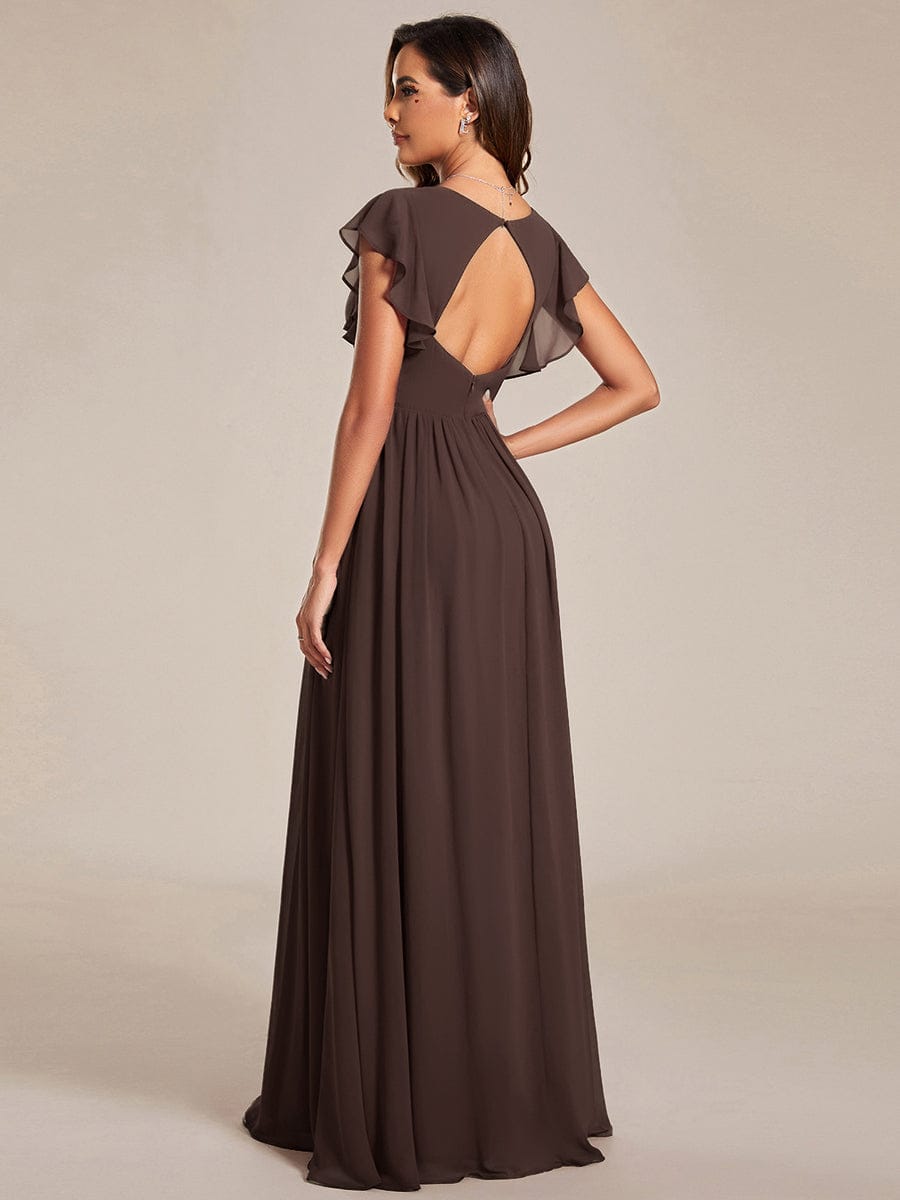 ever LILYANA|Floral V-Neck Open Back Ruffled Sleeves Chiffon Bridesmaid Dress #color_Espresso
