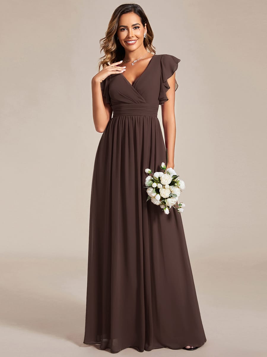 Elegant V-Neck Open Back Chiffon Bridesmaid Dress with Ruffled Sleeves #color_Espresso