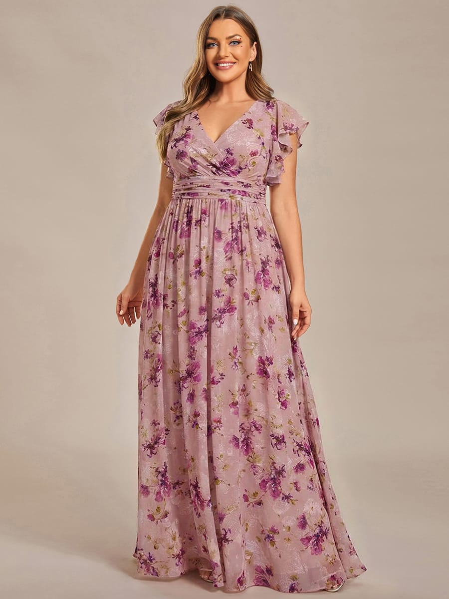 ever LILYANA|Floral V-Neck Open Back Ruffled Sleeves Chiffon Bridesmaid Dress #color_Light Purple Print