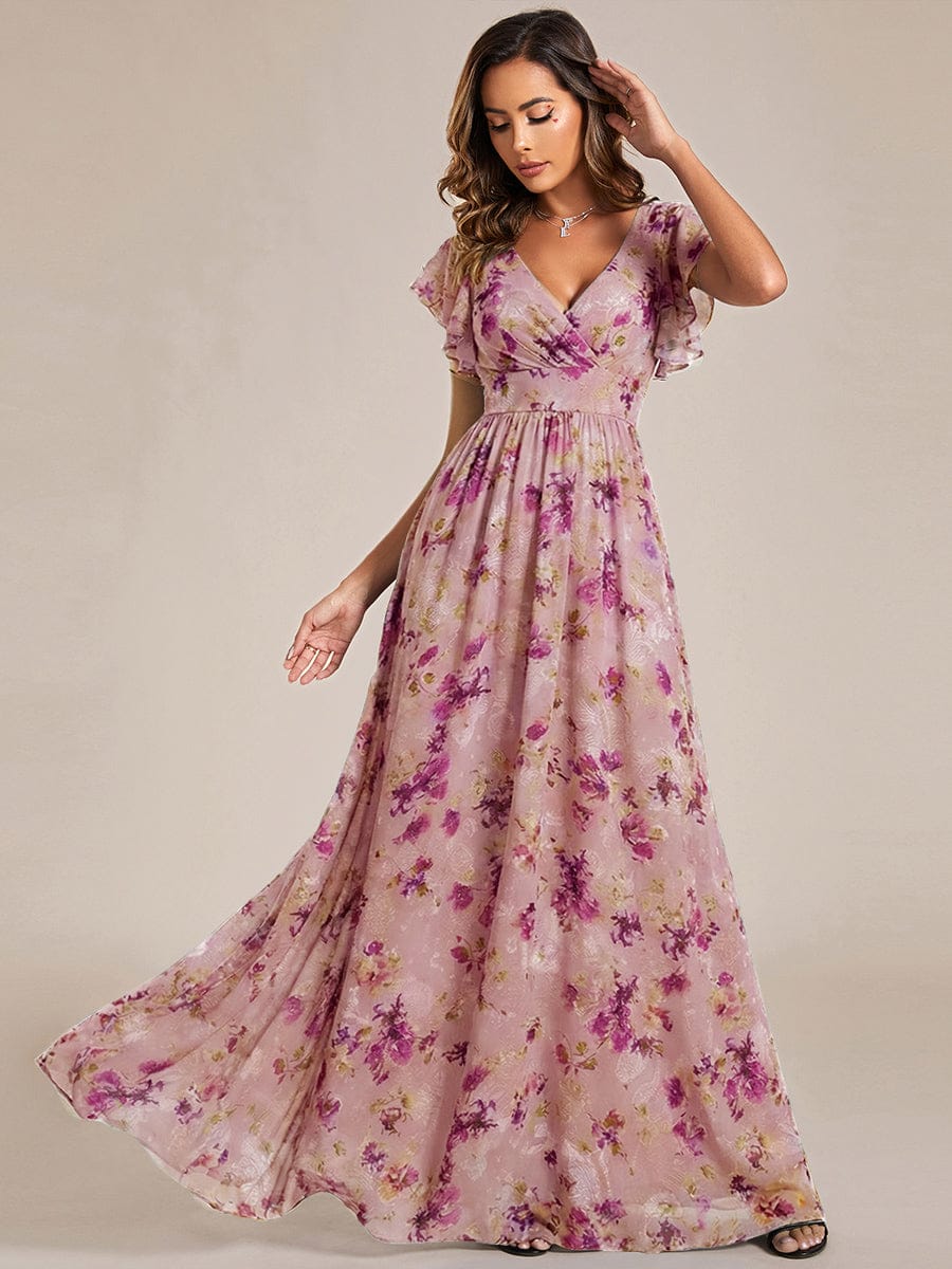 ever LILYANA|Floral V-Neck Open Back Ruffled Sleeves Chiffon Bridesmaid Dress #color_LU