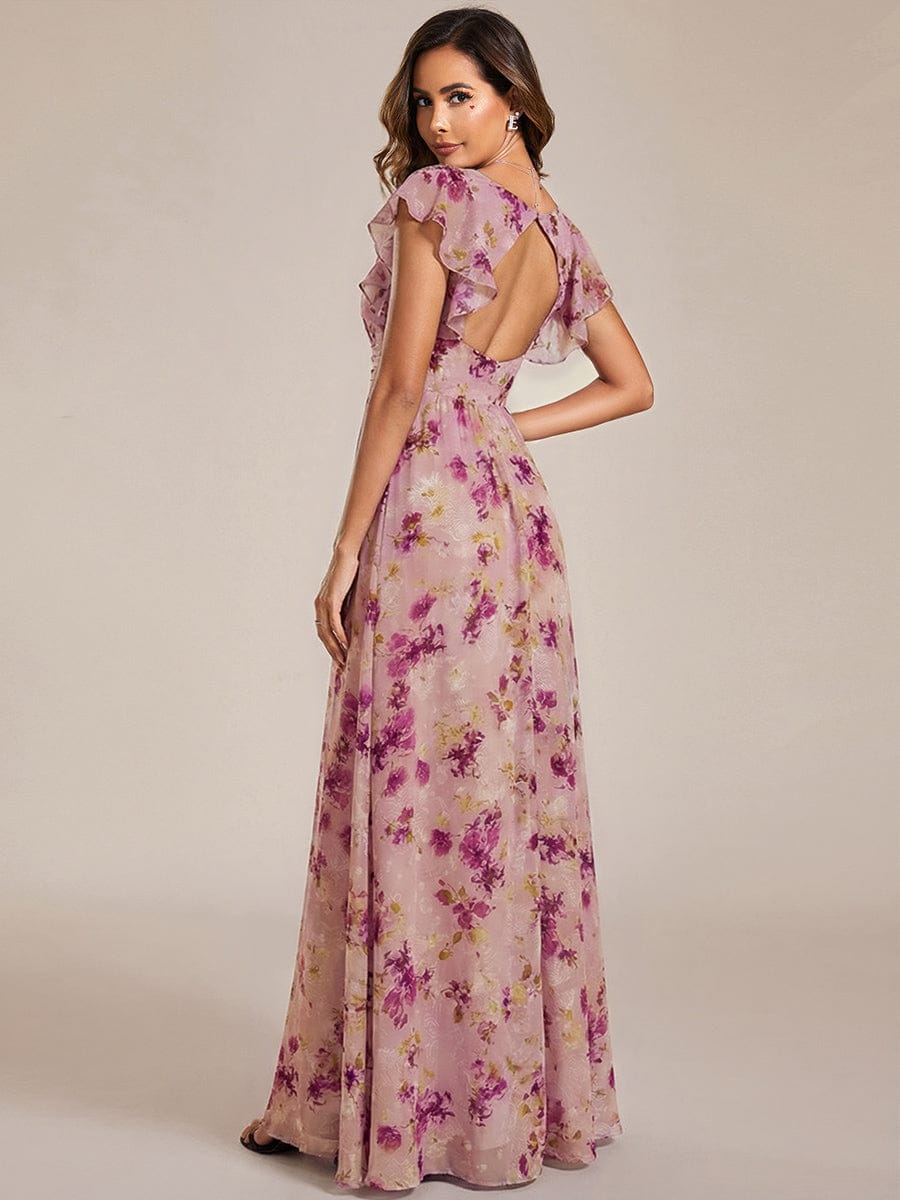 ever LILYANA|Floral V-Neck Open Back Ruffled Sleeves Chiffon Bridesmaid Dress #color_LU