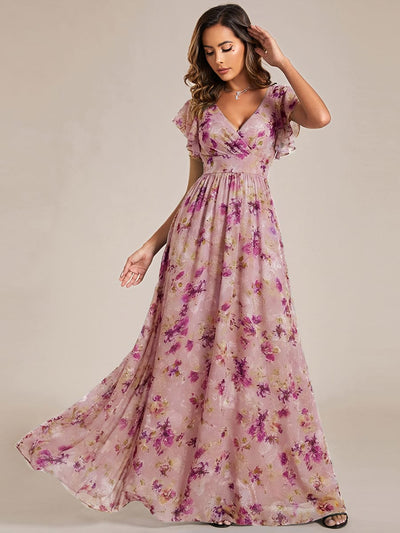 ever LILYANA|Floral V-Neck Open Back Ruffled Sleeves Chiffon Bridesmaid Dress