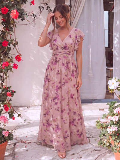 pink floral bridesmaid dresses Standard / XS Blush V-Neck Satin Dress with Flutter Sleeves The satin fabric drapes effortlessly Floral Bridesmaid Dresses - Ever-Pretty