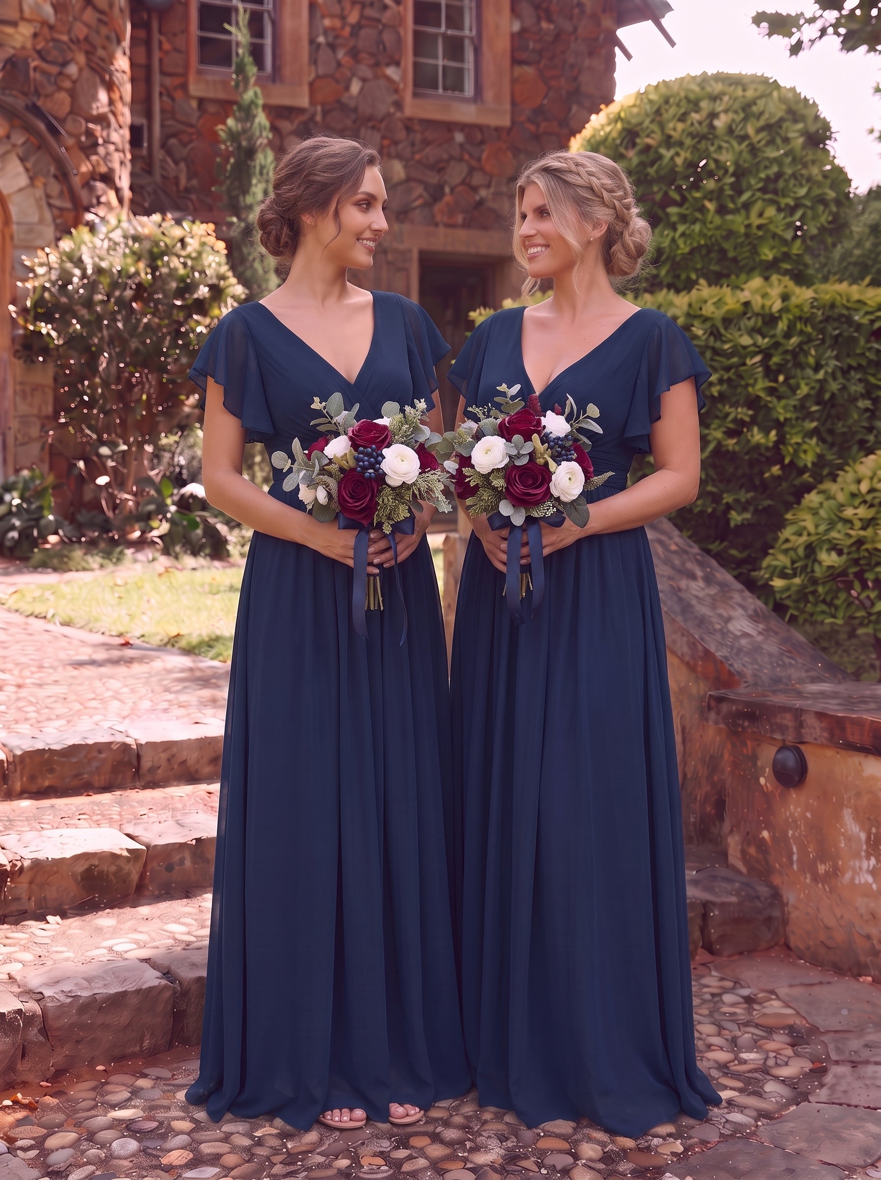 Elegant V-Neck Open Back Chiffon Bridesmaid Dress with Ruffled Sleeves #color_Navy Blue