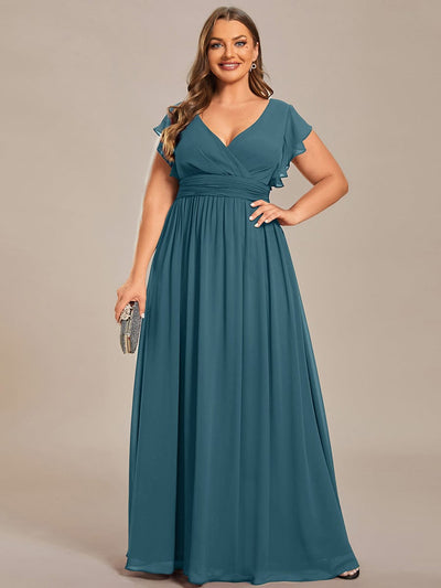 Plus Size V-Neck Open Back Ruffled Sleeves Chiffon Bridesmaid Dress #color_Teal
