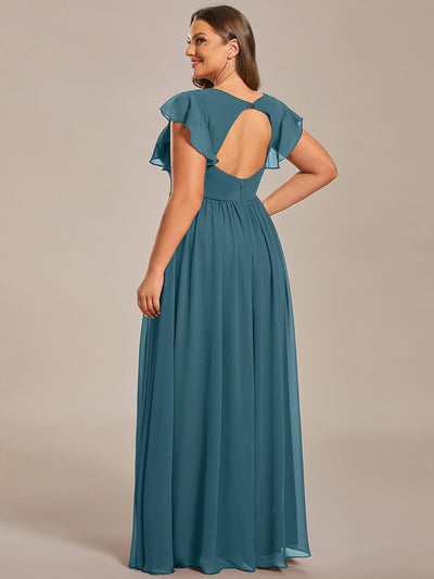 Plus Size V-Neck Open Back Ruffled Sleeves Chiffon Bridesmaid Dress #color_Teal