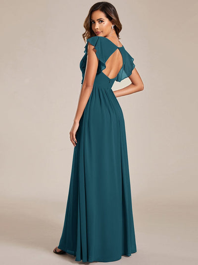 ever LILYANA|Floral V-Neck Open Back Ruffled Sleeves Chiffon Bridesmaid Dress #color_Teal