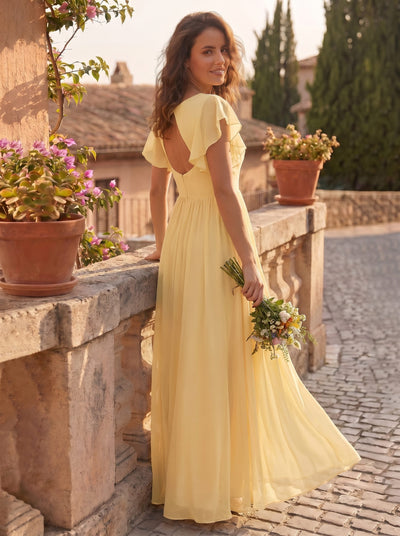 ever LILYANA|Elegant V-Neck Open Back Chiffon Bridesmaid Dress with Ruffled Sleeves