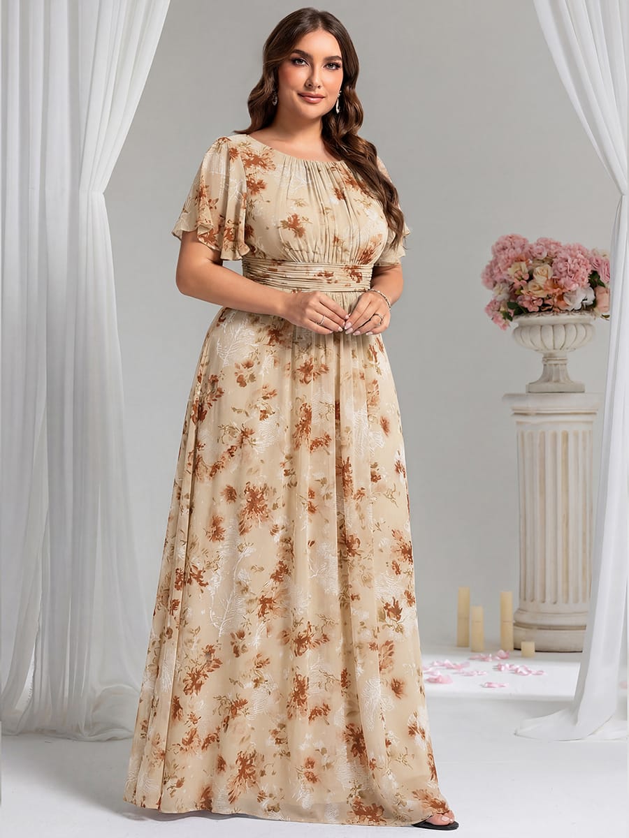 Simple Chiffon Pleated A-Line Round Neckline Bridesmaid Dress #color_Champagne Print