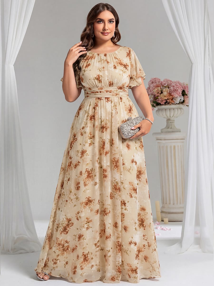 Simple Chiffon Pleated A-Line Round Neckline Bridesmaid Dress #color_Champagne Print
